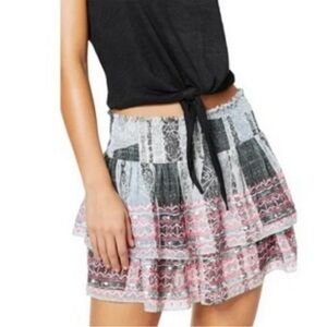 Ramy Brook "Odessa" Embroidered Gray Pink Tiered Mini Skirt Sz S Boho Festival